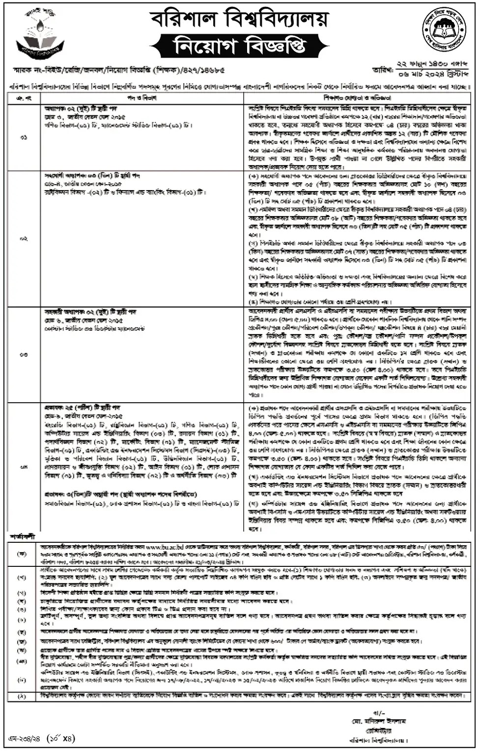 Barisal University Job Circular 2024