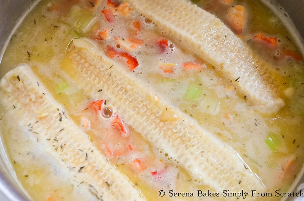 Corn cobs in corn chowder simmering in a stainless steel pot.