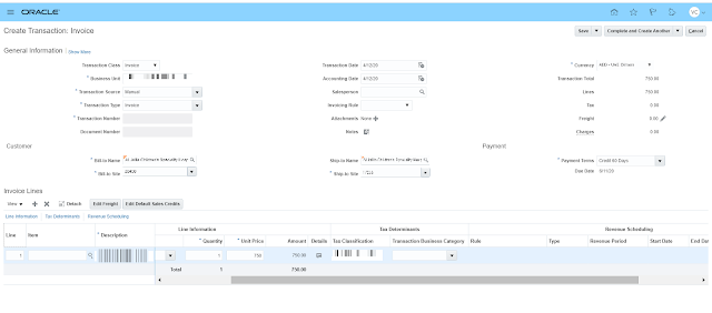 How to create AR transaction in Oracle Cloud