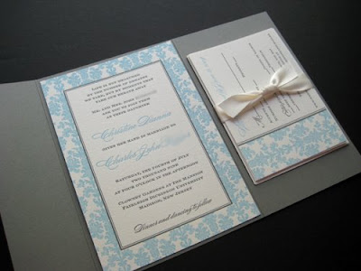 Powder blue gray damask wedding invitations