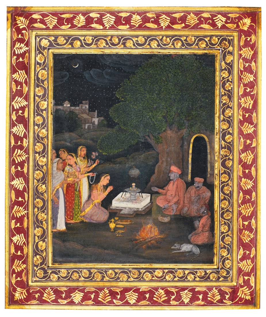 A Noblewoman Visits a Lingam Shrine at Night - Mughal Painting, Late 18th Century 