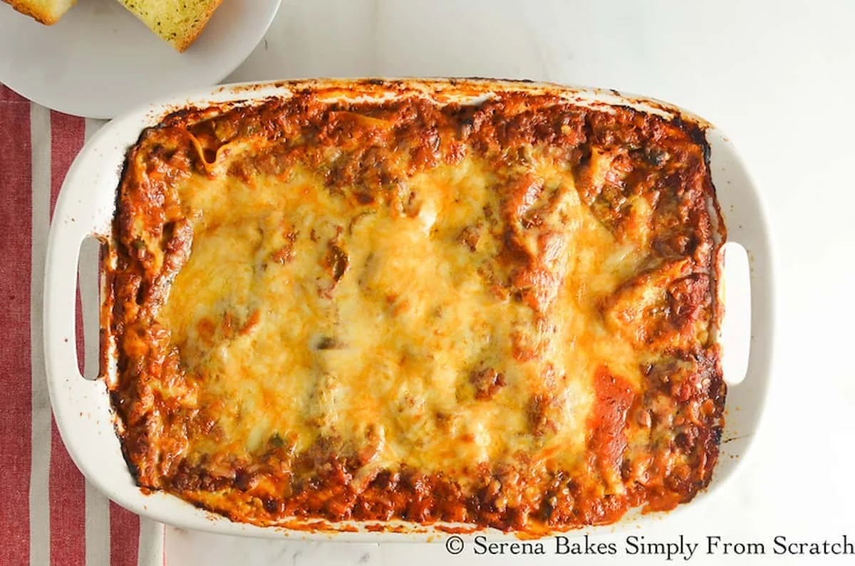 A down shot of baked Easy Homemade Lasagna.