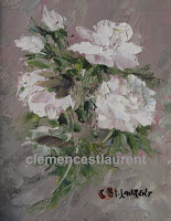Cloud nine, 5 x 4 oil painting by Clemence St. Laurent showing a spray of white roses
