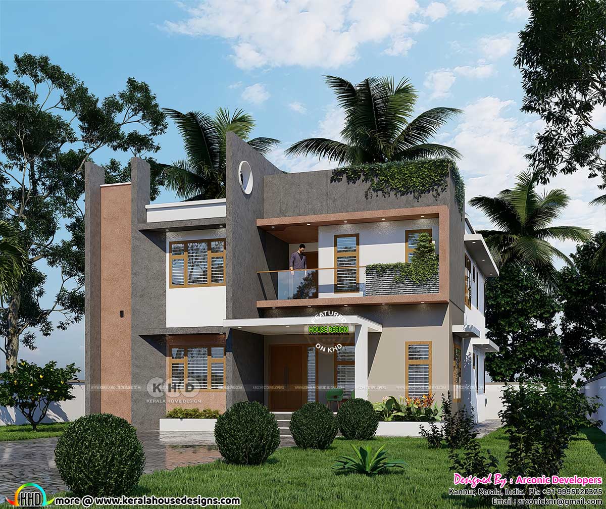 Exterior view of the modern 4-bedroom house in Mathamangalam, Kerala