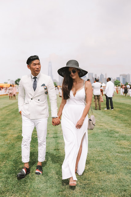 All White Men's Summer Outfit and Thom Browne Diagonal Stripe Derby Shoes, Express V-Wire Dress