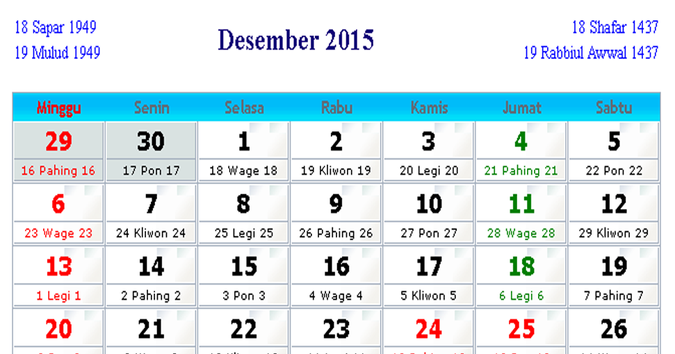  Kalender  Jawa  Tahun 1994  Bulan Desember Kunci Belajar