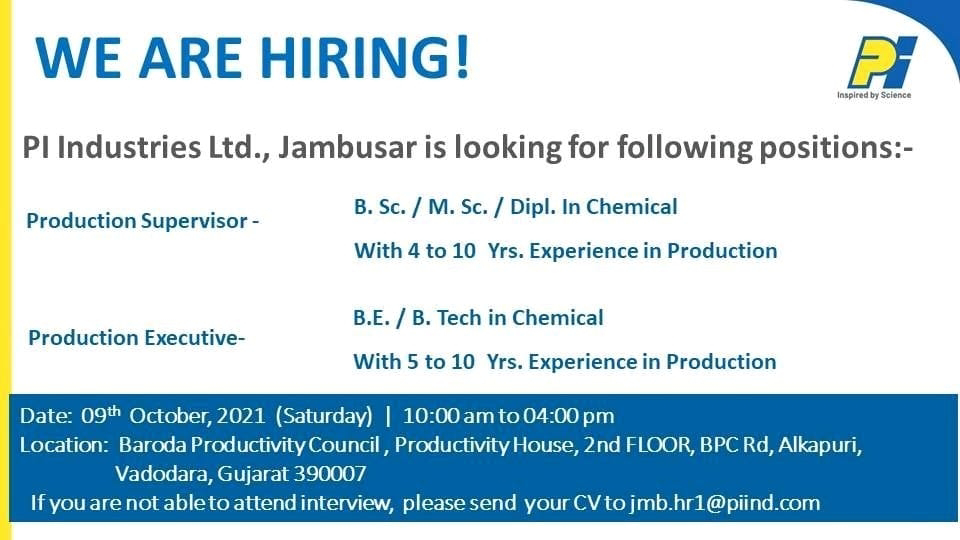 Job Availables,PI Industries Ltd Walk-In Interviews for B.E/ B.Tech/ Diploma Chemical/ Bsc/ Msc - Production Department