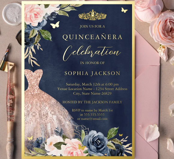 rose gold quinceanera dress invitations