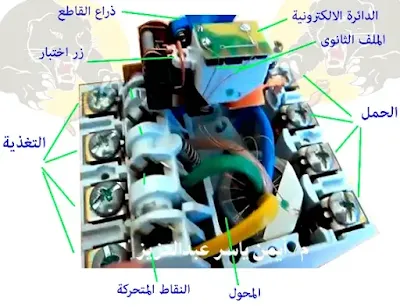 صورة توضح دخل وخرج قاطع التيار المتبقى RCCB والمحول والدائرة الالكترونية ومفتاح الاختبار