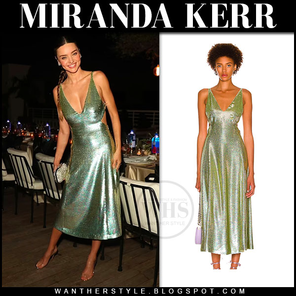 Miranda Kerr in green sequin midi dress and transparent sandals ~ I want  her style - What celebrities wore and where to buy it. Celebrity Style