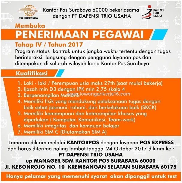 Lowongan Kerja Terbaru Pegawai Kontrak PT Pos Indonesia 