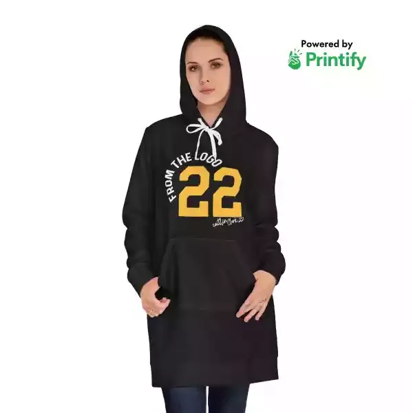 a person in a black hoodie dress with white and yellow text saying From The Logo 22 Caitlin Clark
