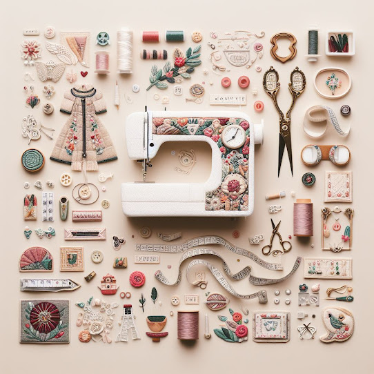 A collage in pastel shades of sewing notions surrounding a sewing machine