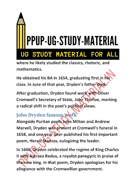 He obtained his BA in 1654, graduating first in his class. In June of that year, Dryden's father died. After graduation, Dryden found work with Oliver Cromwell's Secretary of State, John Thurloe, marking a radical shift in the poet's political views.  John Dryden famous work Alongside Puritan poets John Milton and Andrew Marvell, Dryden was present at Cromwell's funeral in 1658, and one year later published his first important poem, Heroic Stanzas, eulogizing the leader. In 1660, Dryden celebrated the regime of King Charles II with Astraea Redux, a royalist panegyric in praise of the new king. In that poem, Dryden apologizes for his allegiance with the Cromwellian government. Though Samuel Johnson excused Dryden for this, writing in his Lives of the Poets (1779) that "if he