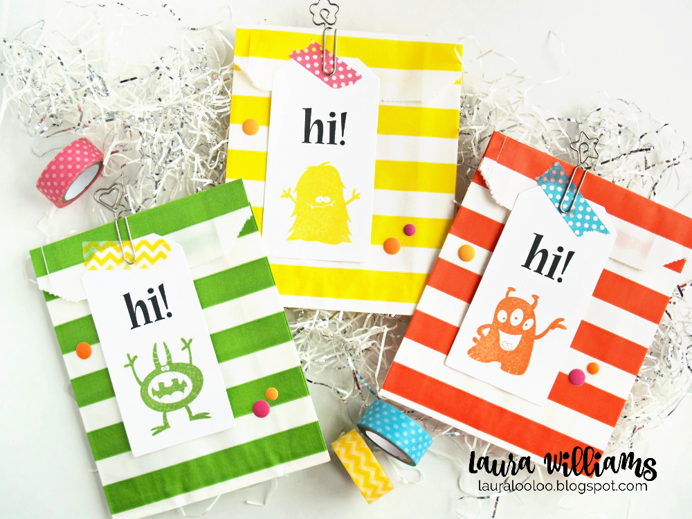 Monster treat bags perfect for Halloween or birthday parties. Craft adorable stamped tags for bags using supplies from FSJ + Spellbinders
