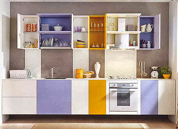 A color of yellow and lavender kitchen