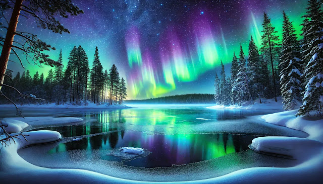 緑、紫、青の美しいオーロラが夜空に広がり、雪に覆われた静かな風景を照らしている。凍った湖が光を反射し、周囲の松の木が幻想的な雰囲気を演出している。