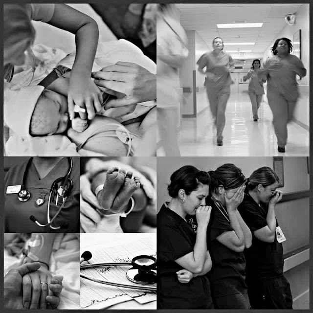 I am just a nurse. A Labor and Delivery nurse. Sounds like fun, doesn't it? Well...  I am just the nurse who was there during the birth of your child.  I am just the nurse who held your hand, looked you in the eye, and made you feel like the strongest woman in the world.  I am just the nurse who recognized that you had severe preeclampsia and got an order from your physician for magnesium sulfate to prevent you from seizing.  I am just the nurse who carefully monitored your breathing WITH MY STETHOSCOPE because I know the possible complications.  I am just the nurse who vigilantly monitored your baby's heartbeat and recognized that he was in distress.  I am also just the nurse who had you on the OR table by the time your doctor was in the parking lot to deliver a healthy baby.  I am the nurse who took photos of your baby because you were all alone... Even though I should really be charting and doing about a hundred other things.  I am just the nurse who's family has to experience another day without me because I stayed 3 hours late to see you through a difficult delivery.  I am just the nurse who maintained your dignity and made you feel comfortable when you were at your most vulnerable.  I am just the nurse who convinced your OB to give you more time before performing a cesarean section.   I am also just the nurse who waited as long as possible to call your OB for delivery so that he wouldn't cut an episiotomy.  I am just the nurse who held your hand and cried with you when you came through triage... and your baby had no heartbeat.  I am just the nurse who hasn't had ANYTHING to eat or drink since my cup of coffee I drank this morning when I woke up... at 5am.  I am just the nurse who will let you leave grip marks on her arm while you are getting your epidural, while repeating to you, "You are doing an amazing job. Almost there. You can do it."  I am just the nurse who reassured a teenage mom that she can be an amazing parent and still get an education.  I am also just the nurse who stood by you while you handed your baby to his adoptive mother. I held you steady. I watched you tremble. My heart ached for you.   I am just the nurse who knows that preventing the primary cesarean helps prevent future cesareans and all of the associated risks for each future pregnancy and, therefore, will do everything in my experienced power to encourage your baby to position herself correctly in your pelvis.   I am just the nurse who held your hand and told you, "She is beautiful. I am so so sorry for your loss." My heart ached for you. I wanted to hold my children and never let them go that night... but they were already sleeping because I stayed late to be with you.  I am also just the nurse who cried the entire drive home and who's husband doesn't even have to ask how my day was. He knows.   Today.   Every day.  I felt your joy. I felt your pain. I wiped your tears. I calmed your fears. I kept your secrets. I taught you how strong you are. I saved your life. I saved your child's life. My body aches. My heart aches.  And I love every minute.   I am JUST a Labor and Delivery nurse.  ~ anonymous