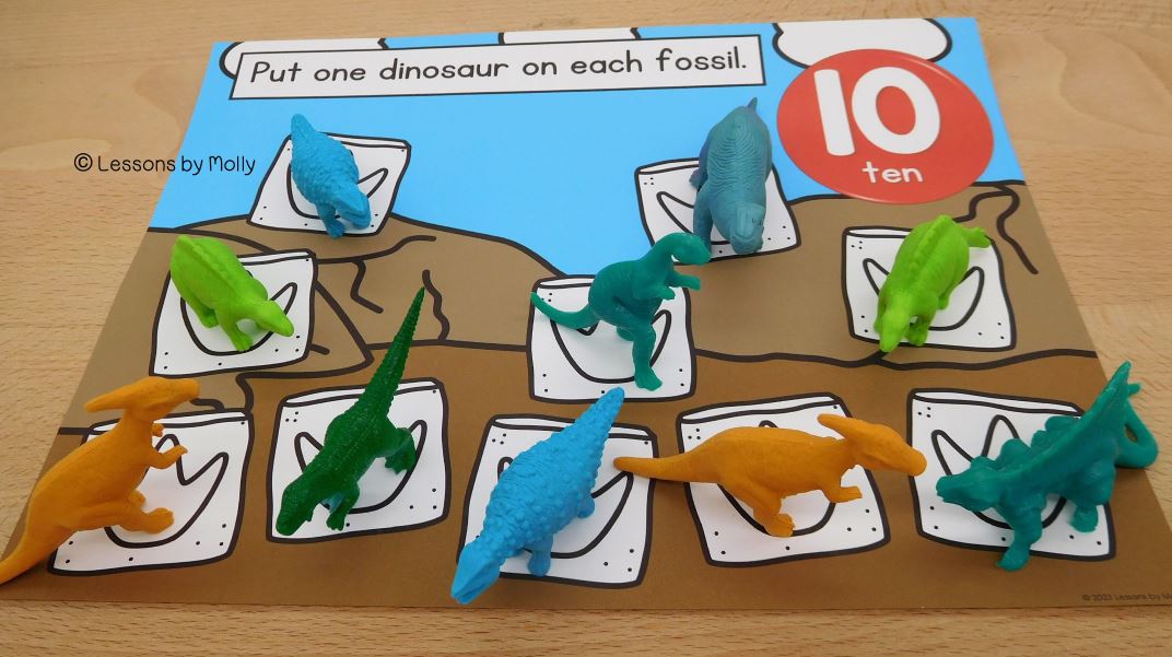 Dinosaur Figurines on Fossil Footprints: Prehistoric One-to-One Correspondence Math Activity