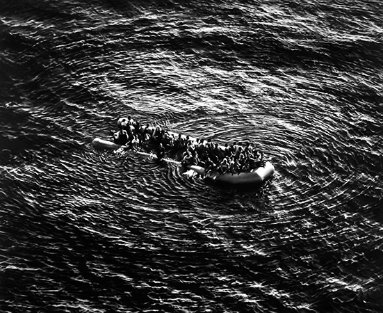 Robert Longo Untitled (Refugees Moonbird Sighting, Mediterranean Sea; May 5, 2017), 2019. Charcoal on mounted paper, 246.4 x 304.8 cm