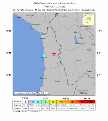 Epicentro sismo 5,5 grados en el Noerte de Chile, el 13 de Enero de 2013