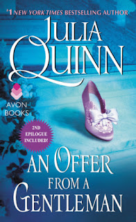 An Offer From a Gentleman book cover (a pink dress slipper sitting on a blue-toned stairway)