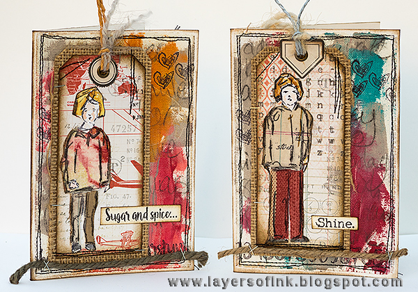 Layers of ink - Fabric Pieced Cards tutorial by Anna-Karin with Dina Wakley stamps and Tim Holtz Eclectic Elements.