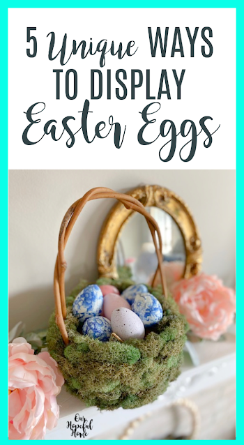 mossy Easter basket pastel eggs pink peonies