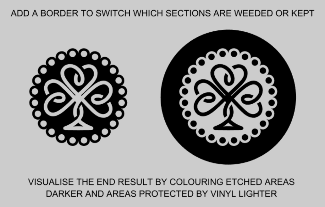 Tip 2 - Add a Frame to switch which parts are weeded or kept.  Stainless Steel Hipflask Etched with Edinburgh Etch Solution (Ferric Chloride) using Vinyl Resists Cut with Silhouette Cameo.  Tutorial by Nadine Muir for Silhouette UK Blog