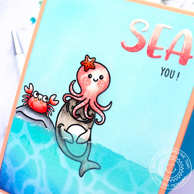 Sunny Studio Stamps: Fintastic Friends Ocean Themed Card by Vanessa Menhorn (featuring Chloe Alphabet Dies, Ocean View)