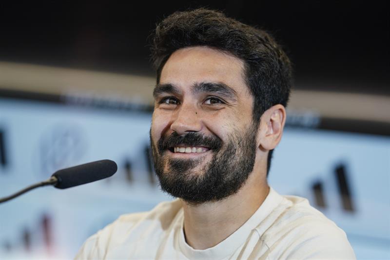 Germany's Ilkay Gundogan attends a press conference following a team training session