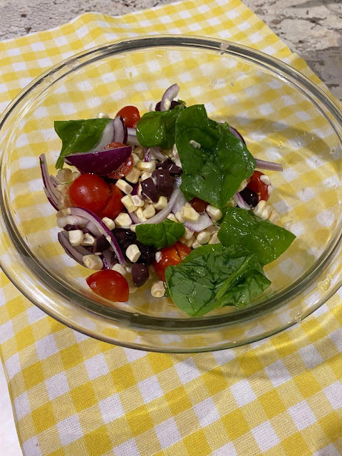 salad, corn, tomatoes, olives, vegan