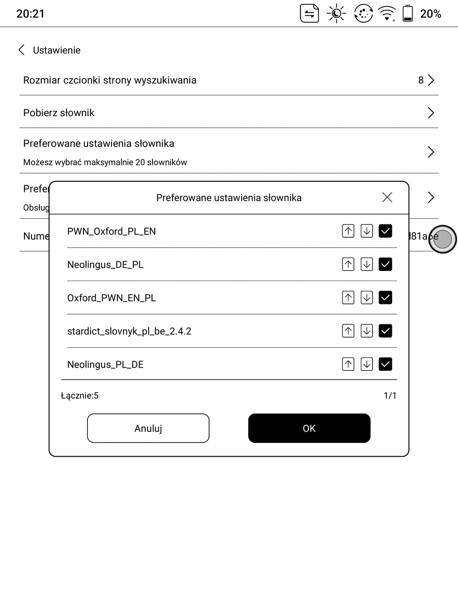 Onyx Boox Nova Air –ustawienia preferowanych słowników