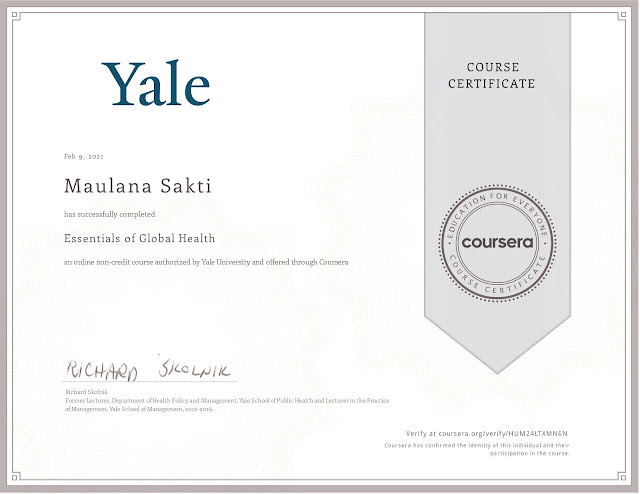 Sertifikat Essentials of Global Health Course dari Coursera