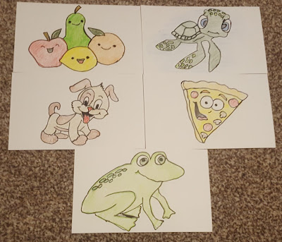 Hand Drawn Postcards, of some happy fruit, a turtle, a puppy, a piece of pizza and a toad.