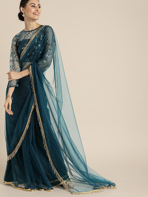 Teal Blue Solid Net Saree with Embellished Border