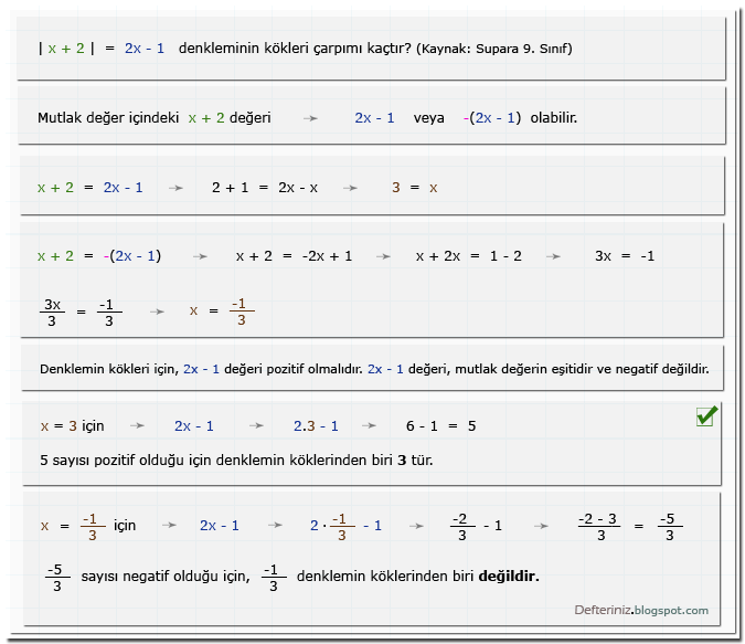 Mutlak değerli denklem » Örnek soru-5 » |x| = y ise (kaynak: Supara 9. sınıf).