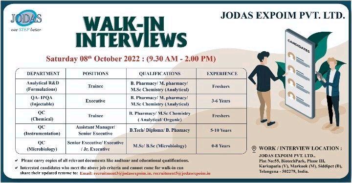 Job Availables, Jodas Expoim Pvt. Ltd Walk In Interview For B.Pharm/ M.Pharm/ Msc/ Bsc Analytical/ Organic Chemistry/ Microbiology