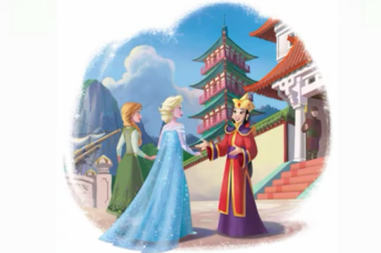 Elsa and Anna are meeting Chatho's ruler, Queen Colisa, in front of her impressive palace.