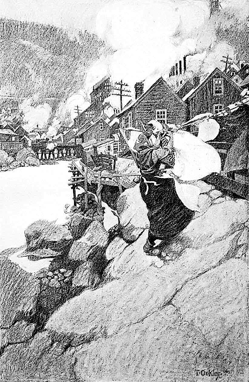 a 1906 Thornton Oakley illustration of a woman hanging laundry outside in a factory town