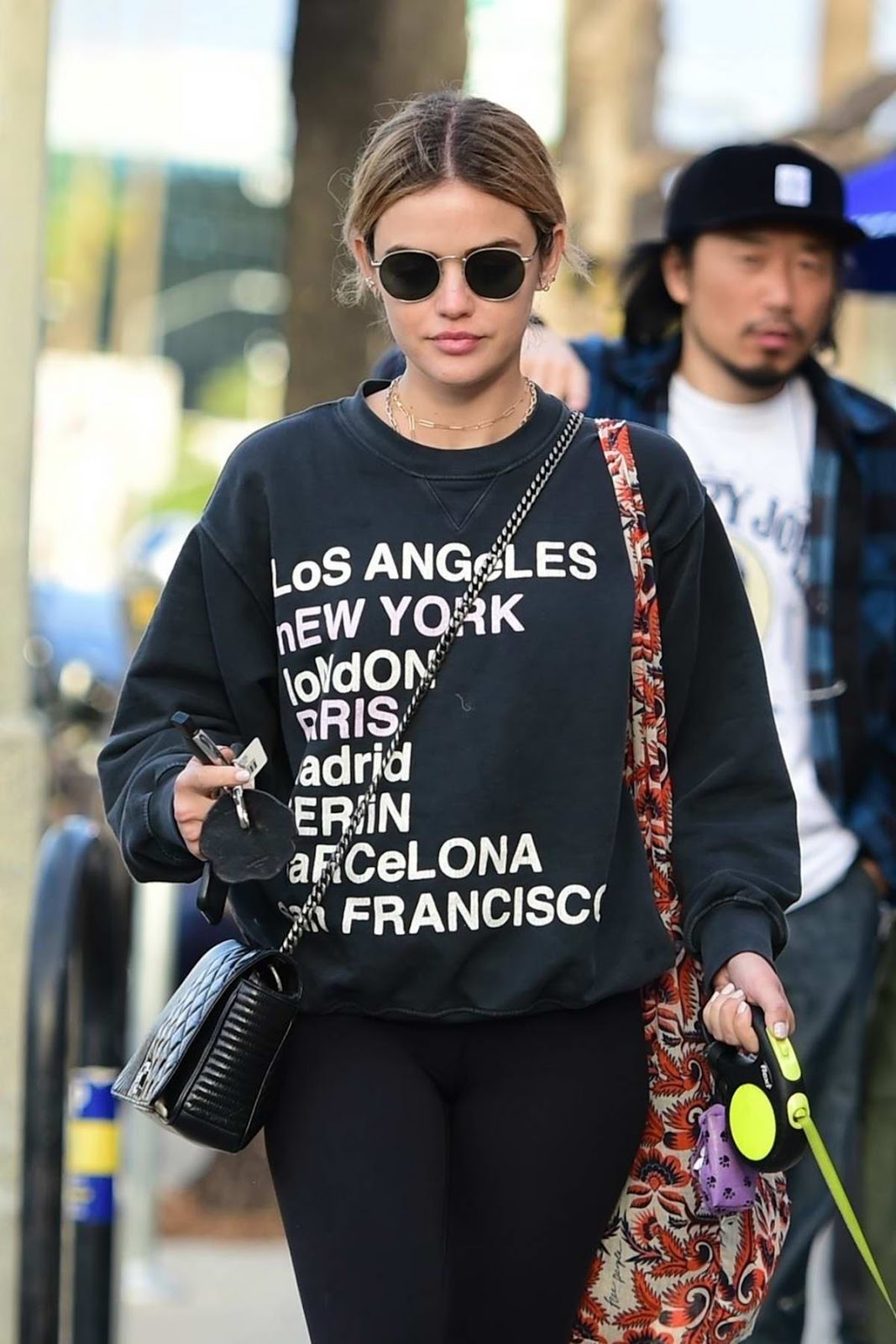 Lucy Hale style walking her dog in Los Angeles