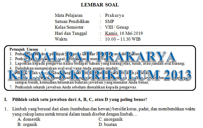 Soal Dan Kunci Jawaban Pat Prakarya Smp Kelas 8 Kurikulum