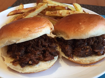 Slow Cooked Barbecue Beef in buns with home-made chips