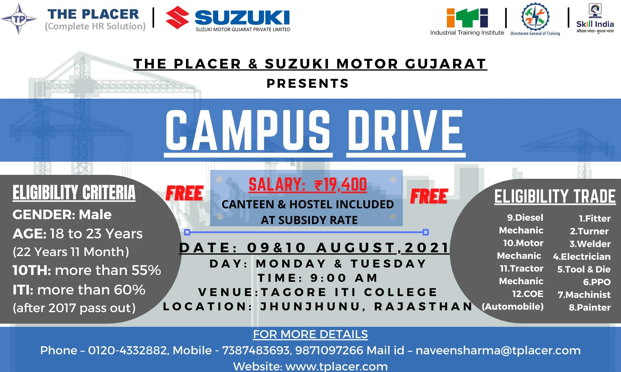 ITI Campus Placement at Pilani, Rajasthan | Jaipur, Rajasthan |  Jhunjhunu, Rajasthan | Chappra, Bihar || Suzuki Motor