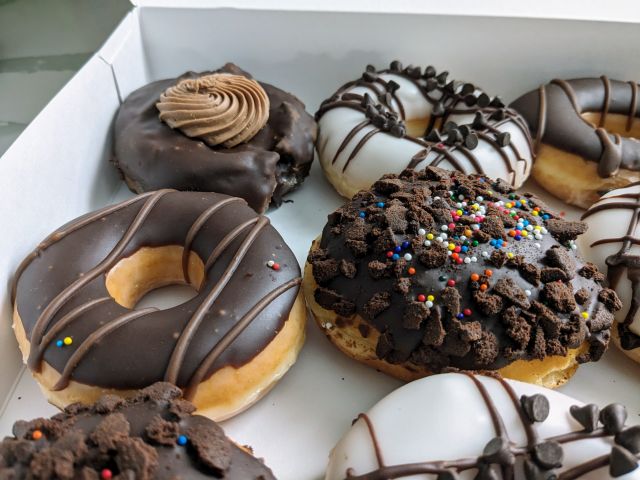 Side view of Krispy Kreme's Chocomania Donuts.