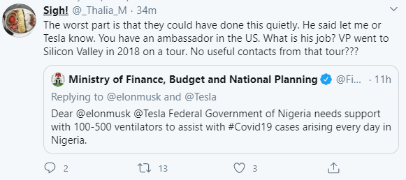 Nigerians Reacts as Ministry of Finance begs Elon Musk for ventilators