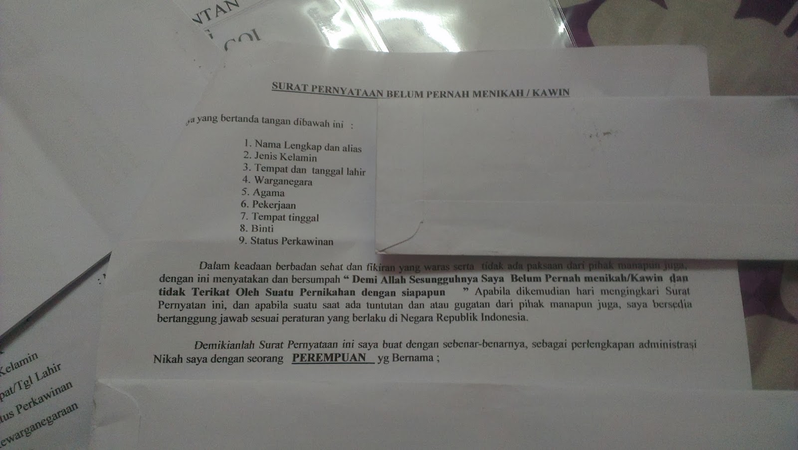 Contoh Surat Pengakuan Bujang Untuk Pasangan Polis