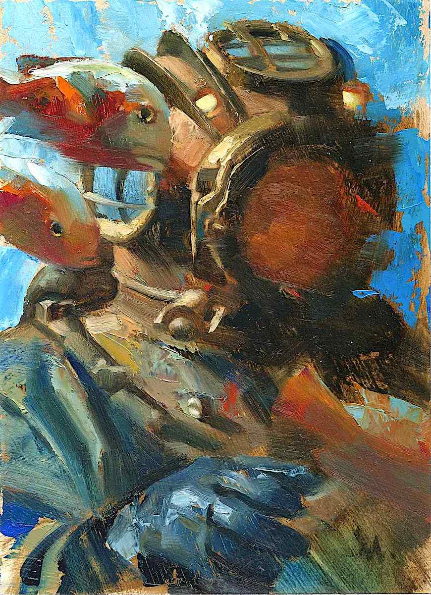 a Greg Manchess illustration of a deep sea diver