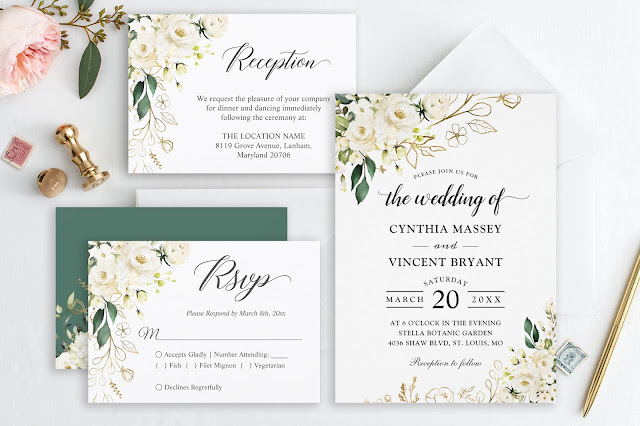  Greenery White Rose Floral Wedding Invitation Suite