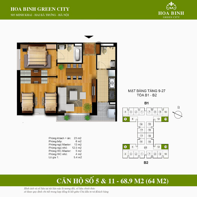 Mặt bằng căn 5 - 11 chung cư Hòa Bình Green City